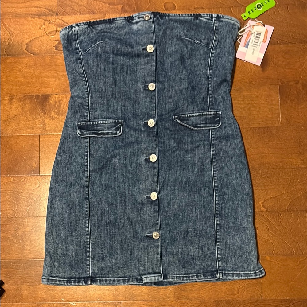 Denim Button-Down Strapless Dress